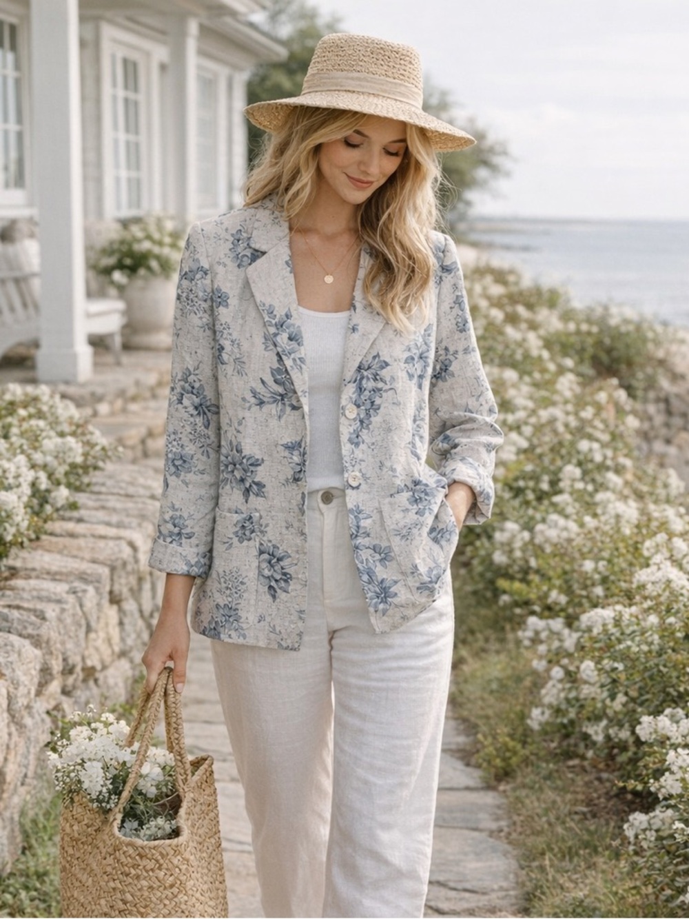 Sag Harbor Cream Blazer with Blue Floral Print